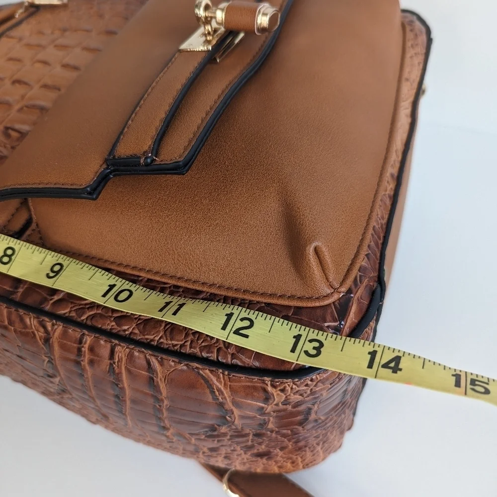 Faux Alligator Leather Dome Zip Top Backpack 5 Pockets Top Handle Amber Brown